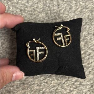 Earrings Gold Toned W/Crystals Hoops